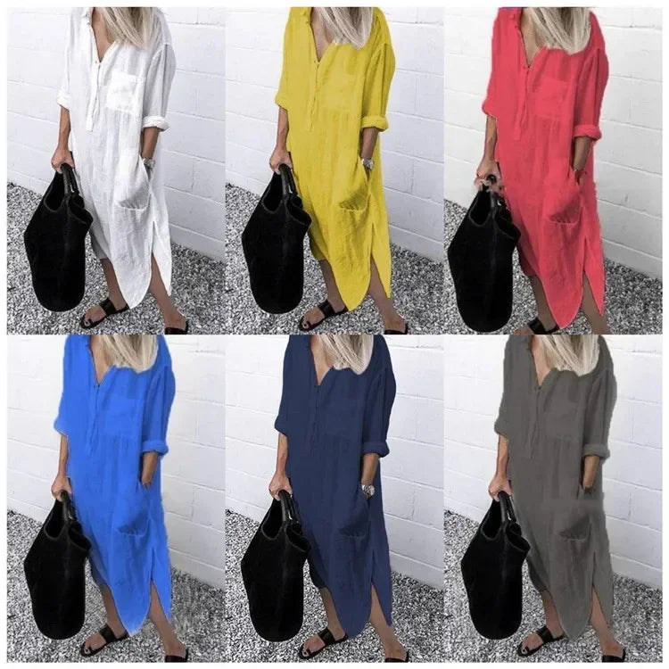 Women's Cotton Linen Shirt Dresses Loose Long Sleeve Turn-Down Collar Pullover Solid Dresse Casual Holiday Beach Party Sundress