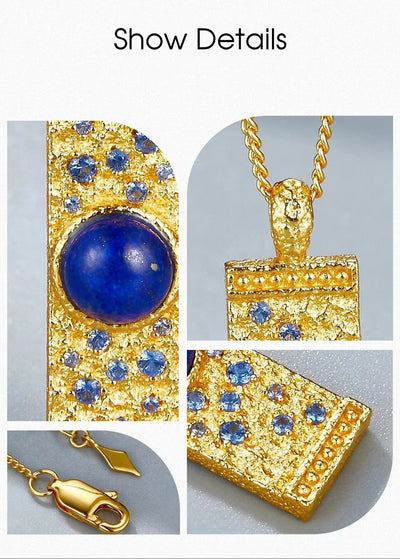 Lapis Lazuli CZ 925 Silver Gold Plated Hammered Bar Pendant Necklace Women Blue Stone Geometric Trendy Dainty Luxury Necklaces