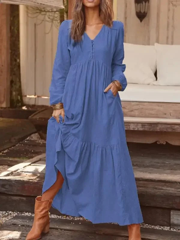 Women's Dress 2025 Spring and Summer Women's Button Cotton and Linen Retro Casual Long Sleeve Dress Large Hem Long Skirt