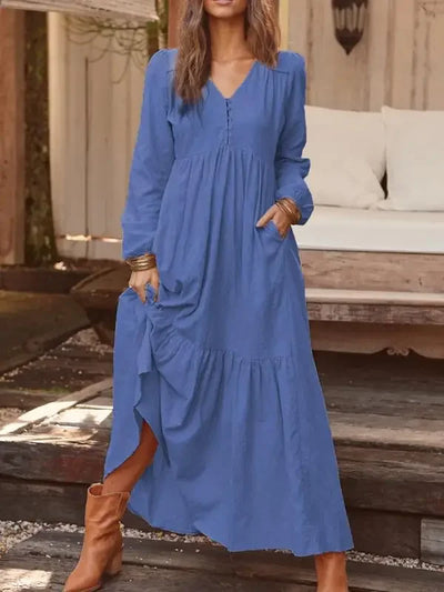 Women's Dress 2025 Spring and Summer Women's Button Cotton and Linen Retro Casual Long Sleeve Dress Large Hem Long Skirt