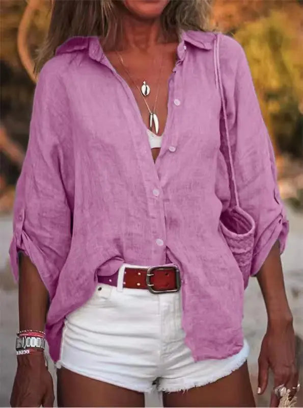 Women Cotton Linen Blouse Shirt Summer Female Turn Down Collar Three Quarter Loose Blouse Tops Woman shirts & blouses