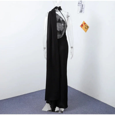 Sexy Satin Ribbon Party Dress Women Elegant Halter Backless Off Shoulder Sleeveless Female Dresses 2024 Summer Solid Robe Gown