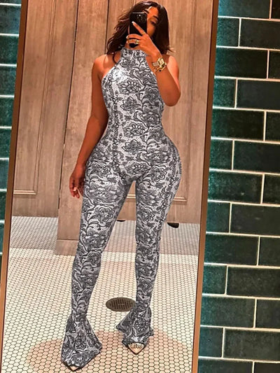 kliou Attractive Y2K Women Jumpsuits Fashion Print Halter Backless High Collar Off Shoulder Overalls Female Midnight Clubwear