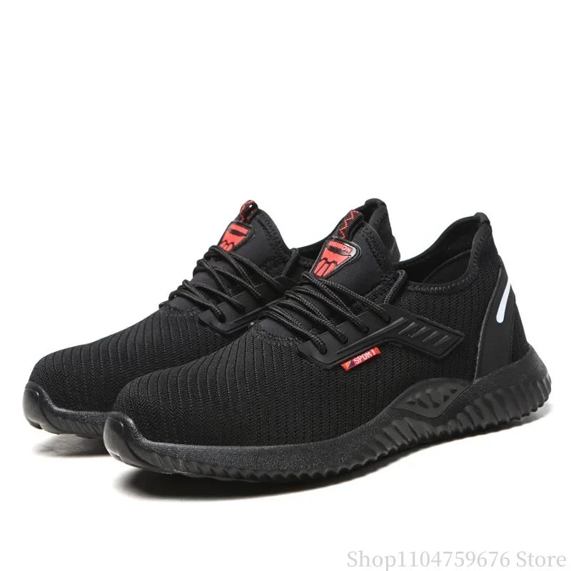 Braided safety shoes for men with steel toe protection, bump-proof, breathable, comfortable, lightweight, durable and safe.