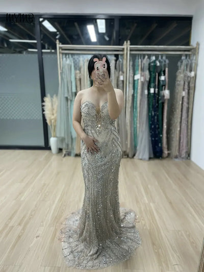 MYMB Luxury Mermaid Sheath Evening Gown for Women Wedding Party Dubai Sexy Spaghetti Straps Backless Beaded Prom Dress DSH16188