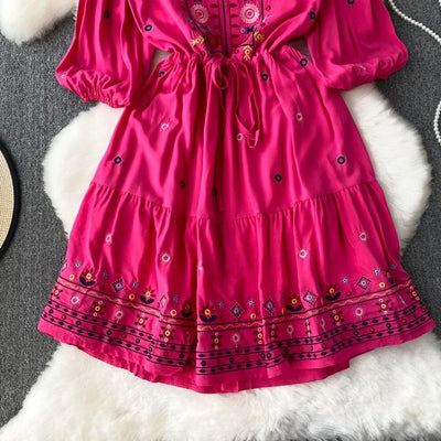 Boho Dress for Women Embroidery Floral Print V-neck Elastic Waist Lace-up Dresses with Belt Summer Vestidos Folds Dropshipping