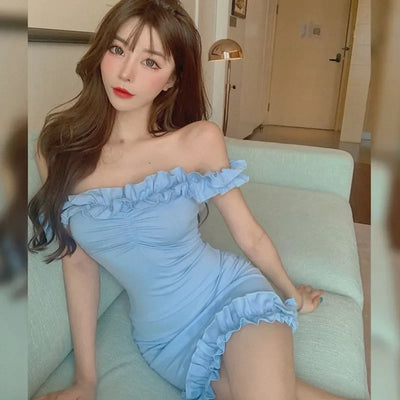 Women Summer Dresses Casual Smocked Ruffle Bodycon Mini Dress Off-shoulder Sleeveless Dress