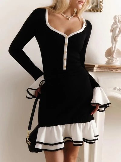 Ruffle Mini Dress for Women V Neck Bodycon Long Sleeve Short Dresses Femme Backless Bow Bandage Elegant Patchwork Dress
