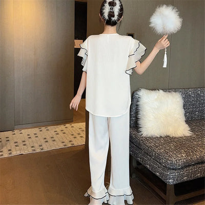Women Ruffles Pajamas Lounge Set Short Sleeve Top  Pants Loungewear 2 Piece Sleepwear