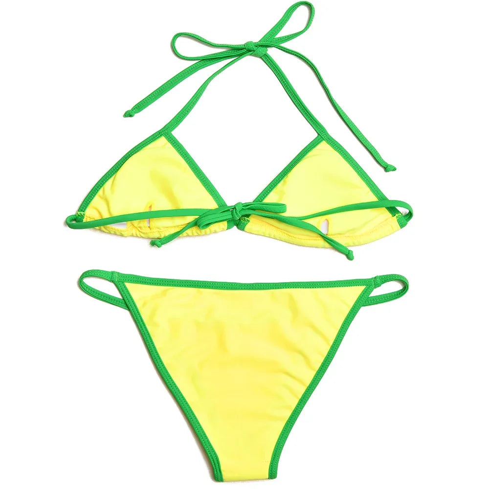 Absobe Brazilian Contrast Color Bikini Set Triangle Women Swimwear Patchwork Halter Swimsuit Hottie Summer Party Beachwear 2024