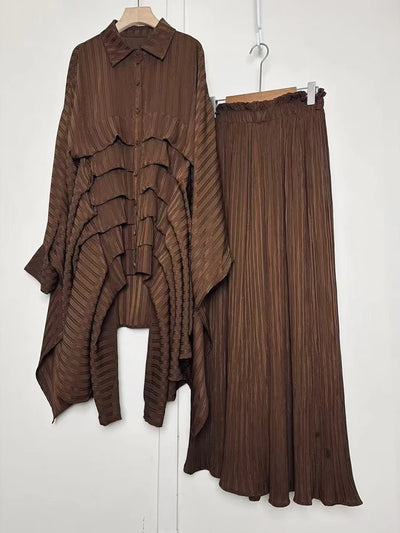 2025 Summer Women's Retro Geometric Printed Multi layered Flaw Loose Irregular Shirt Set+High Waist Wide Leg Pants Fashion Set