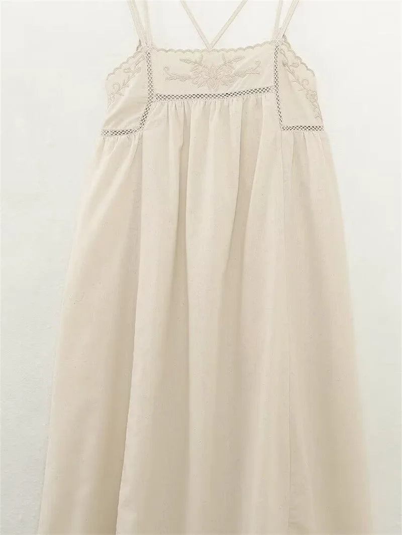 Women's Dresses New Summer 2025 Embroidered Decorative Midi Dress Sexy Suspenders Open Back Design Personality and fashion
