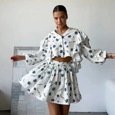 Women Cotton Linen Print Loose Suit Women Lantern Sleeve Ruffles V-neck Patchwork Single-Breasted Top High Waist Mini Skirt Suit