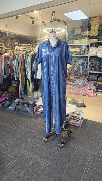 Denim Dress Women Long Dresses Letter Print Vestidos Single Breasted Turn Down Collar Distressed Maxi Gown Summer A Line 2025
