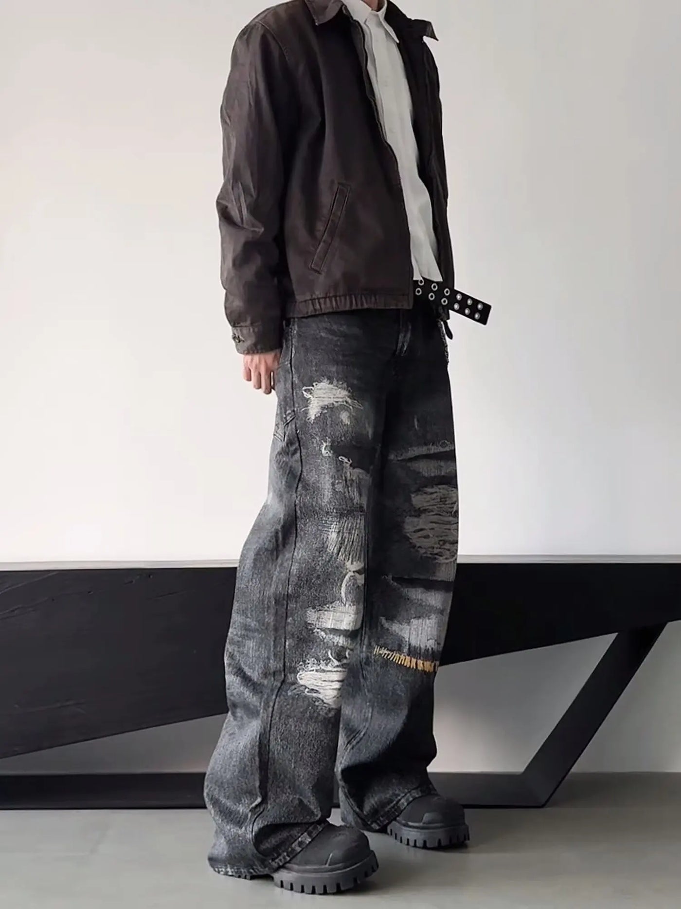 High Street Men's Jeans Trendy Printed Pattern Washed Worn-out Straight Leg Jeans American Style Male Denim Pants Black Jeans