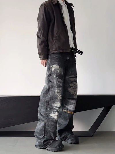 High Street Men's Jeans Trendy Printed Pattern Washed Worn-out Straight Leg Jeans American Style Male Denim Pants Black Jeans
