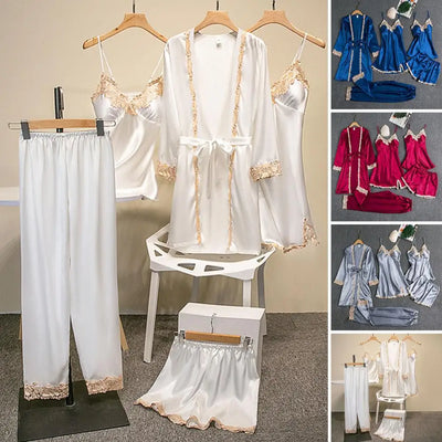 Women's Summer Sexy Pajama Pants Set 5 Pieces Nightgown Nightdress Top Shorts Pants Set Lace Satin Silk Sleepwear Robe Sleepwear