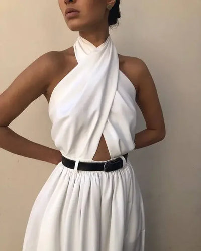 Women Sexy Backless Jumpsuits Halte Sleeveless Slim High Waist Sping Summe Thin Lady Elegant Streetwear Long Wide-leg Pants