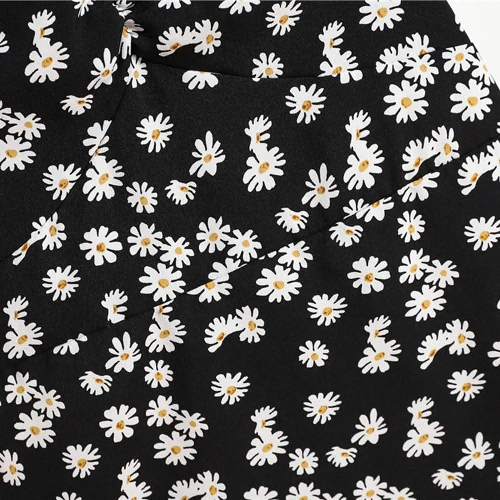 Women Mini Dresses Summer Fashion Female Vestidos Print Floral Chiffon Dresses Shirring Pleated Short Puffy Sleeve Casual Dress
