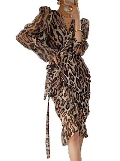 New Fashion Leopard Print Casual Dresses for Women Sexy V-Neck Chicly Lace-Up Slim Waist Basic Long Sleeve Simple Female Dresses
