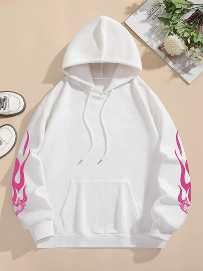 Street Women Sweatshirts Passionate Love Flame Heart Printed Hoodies Crewneck Loose Pullover Fleece Warm Female Tops Clothes