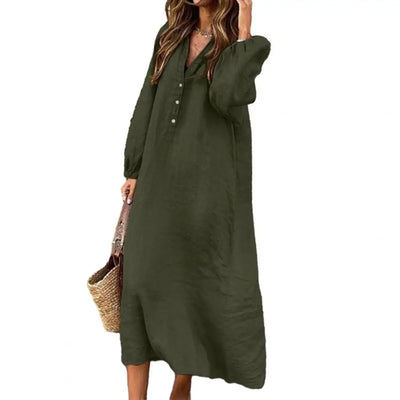 Stylish Button-breasted Dress for Women Elegant V-neck Cotton Linen Dress with Long Sleeves Button Decoration for Summer Ladies
