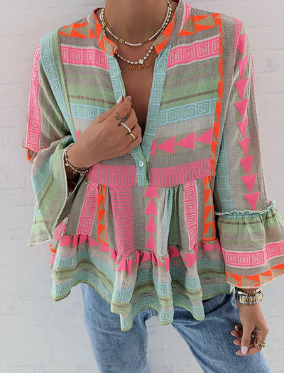 Women Loungewear Shirts V-Neck Long Flare Sleeve Fashion Ruffles Ladies Pullover Blouses 2023 Patchwork Streetwear Dropshipping