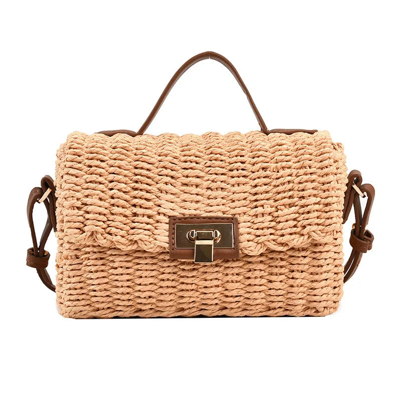 Handmade Women's Shoulder Bag Summer Straw Beach Bag Bohemian Female Handbags Fashion Square Flap Lock Designer Shopper Purse
