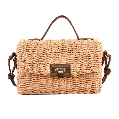 Handmade Women's Shoulder Bag Summer Straw Beach Bag Bohemian Female Handbags Fashion Square Flap Lock Designer Shopper Purse
