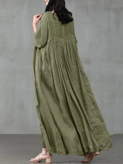Summer Dresses Women 2023 Casual Fashion Solid Color Round Neck Pleated Cotton Linen Long Dress Elegant Dresses for Women Robe