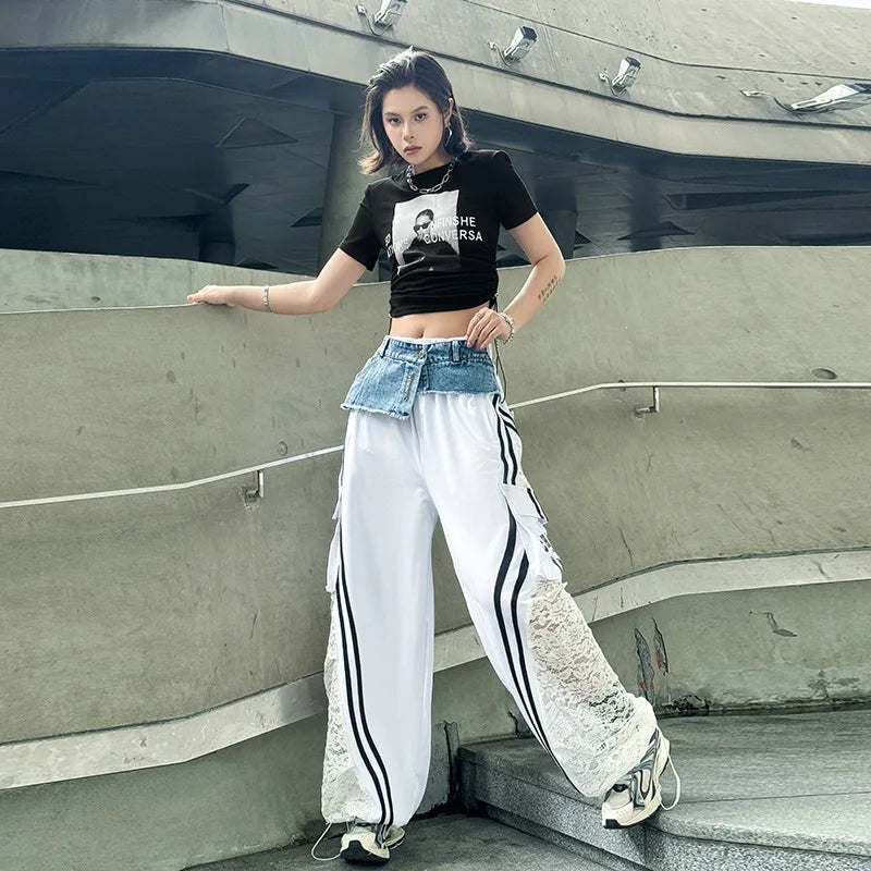 Wide Leg Pants Women Floor Length Patchwork Lace Denim Stripe Print High Waist Multiple Pockets 2025 Streetwear Cargo Trousers