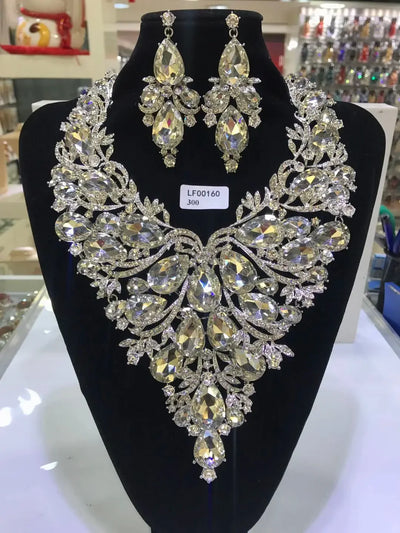 Women Luxury Necklaces Set Wedding Delicate Fashion Jewelery Set Crystal Rhinestone Earrings Jewelry Sets