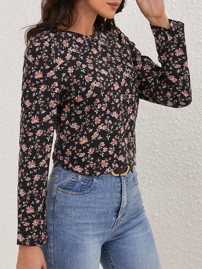 Ladies Floral Print Crew Neck Blouse Casual Long Sleeve Blouse Women Tops Shirts