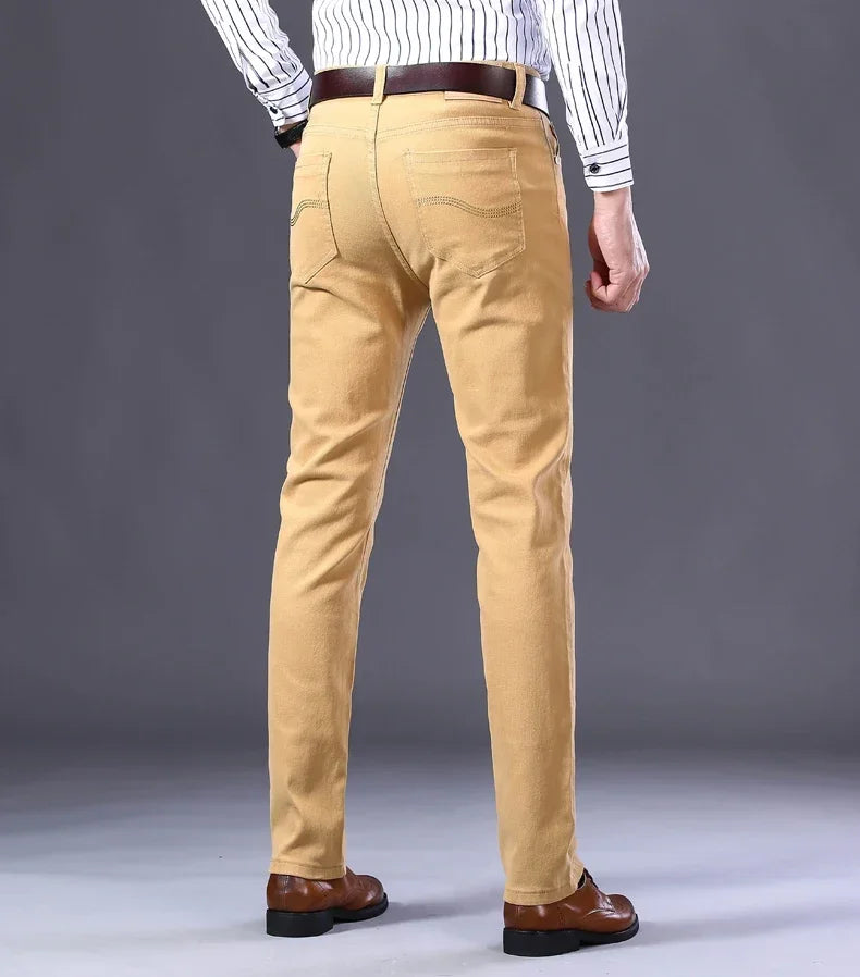 Men's Jeans Pure White Fashion Elastic Slim Youth Slimming Straight Leg Male Pants Business Casual Middle Age High End Trousers