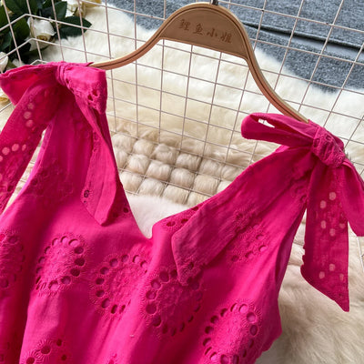 French Vintage Hollow Out Embroidery Butterfly Bow Bandage Slip Dress A-line Chic Casual Beach Vacation Women Summer Dresses