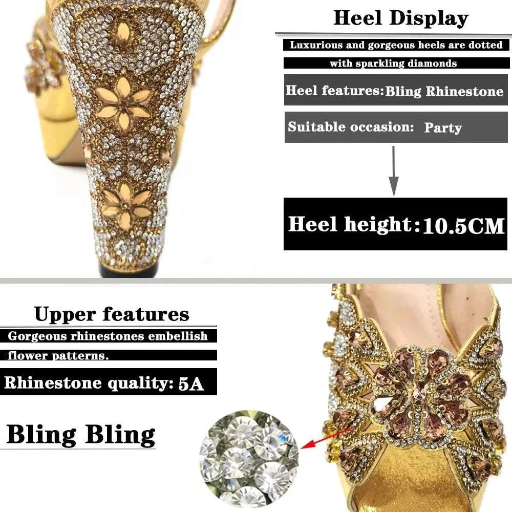 Embroidery Italian Design Pointed-Toe High-heeled Shoes and Bags Set for Women