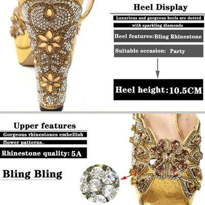 Embroidery Italian Design Pointed-Toe High-heeled Shoes and Bags Set for Women