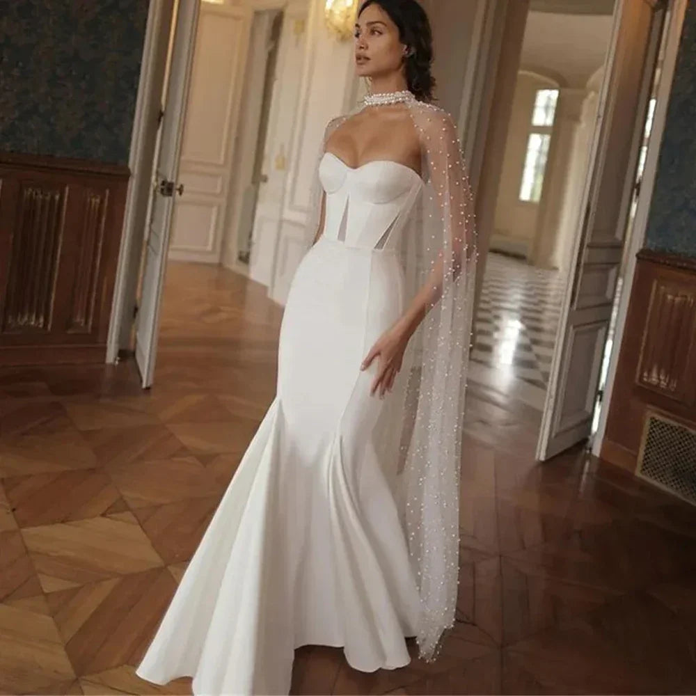 Customized Strapless Satin Wedding Dress Sequin Sweetheart Sheath Mermaid Wedding Dress Beach Wedding Dress（Without Cape ）