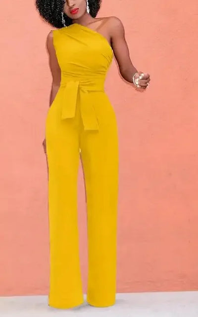 Women's Jumpsuit Solid Skew Collar Crop Top Straight Pants Belt Sexy Sleeveless Loose Pants Elegant Charming Playsuits 2024