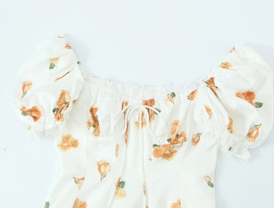 Summer Dresses 2025 Women French Style Floral Print Puff Sleeve Dress Lace Trim A-line Short Elegant Sundress Chic Lady Robe