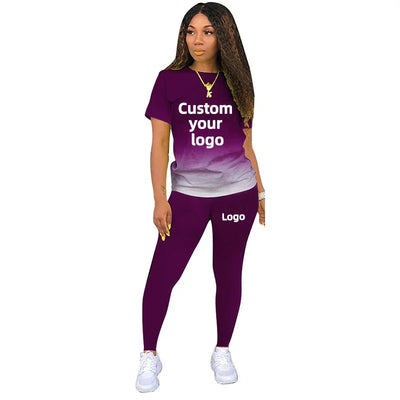 Two Piece Set Women Tracksuits Sets DIY Printed Personality Short Sleeve T shirts + Pants Sports Suit Custom your logo For Women