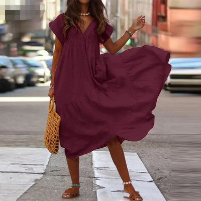 Cotton Linen Sexy V-neck Short Dress Summer New Women's Solid Color Multi-color Casual Loose Short Sleeved Mid Length Dress