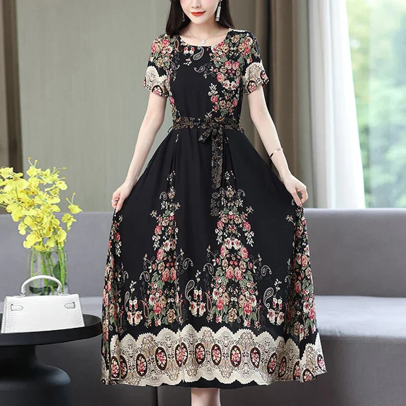 New Fashion 2024 Print Summer Dresses For Women Short Sleeve O-Neck Elegant Summer Dress Woman Clothing