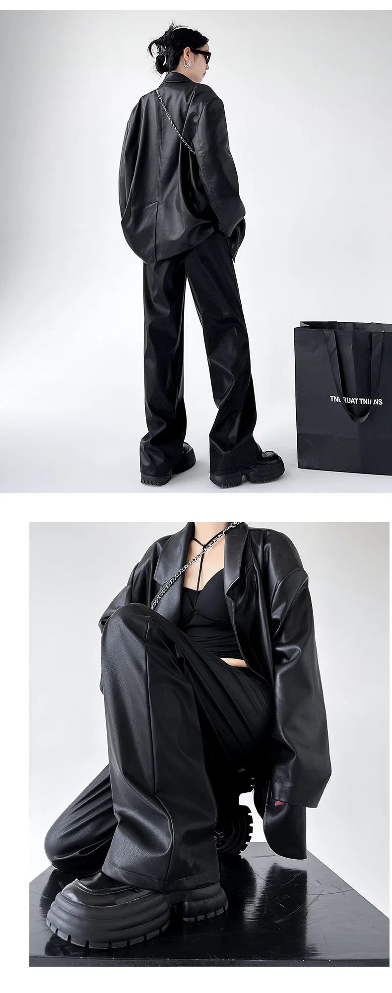 Women's Wide Leg Pants PU Straight Pants Autumn New Fashion Pantalones Mujer Solid Black Brown Leather Pants Women Streetwear