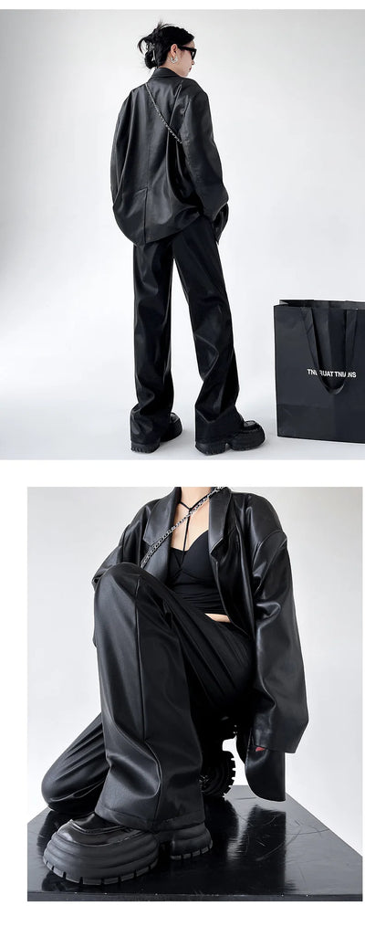 Women's Wide Leg Pants PU Straight Pants Autumn New Fashion Pantalones Mujer Solid Black Brown Leather Pants Women Streetwear
