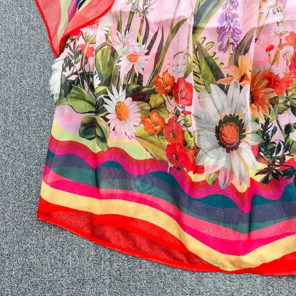 Women Maxi Chiffon Dress Summer Bohemian Rabbits Flower Porcelain Print Clothing Floor Length Flare Sleeve Long Vestidos