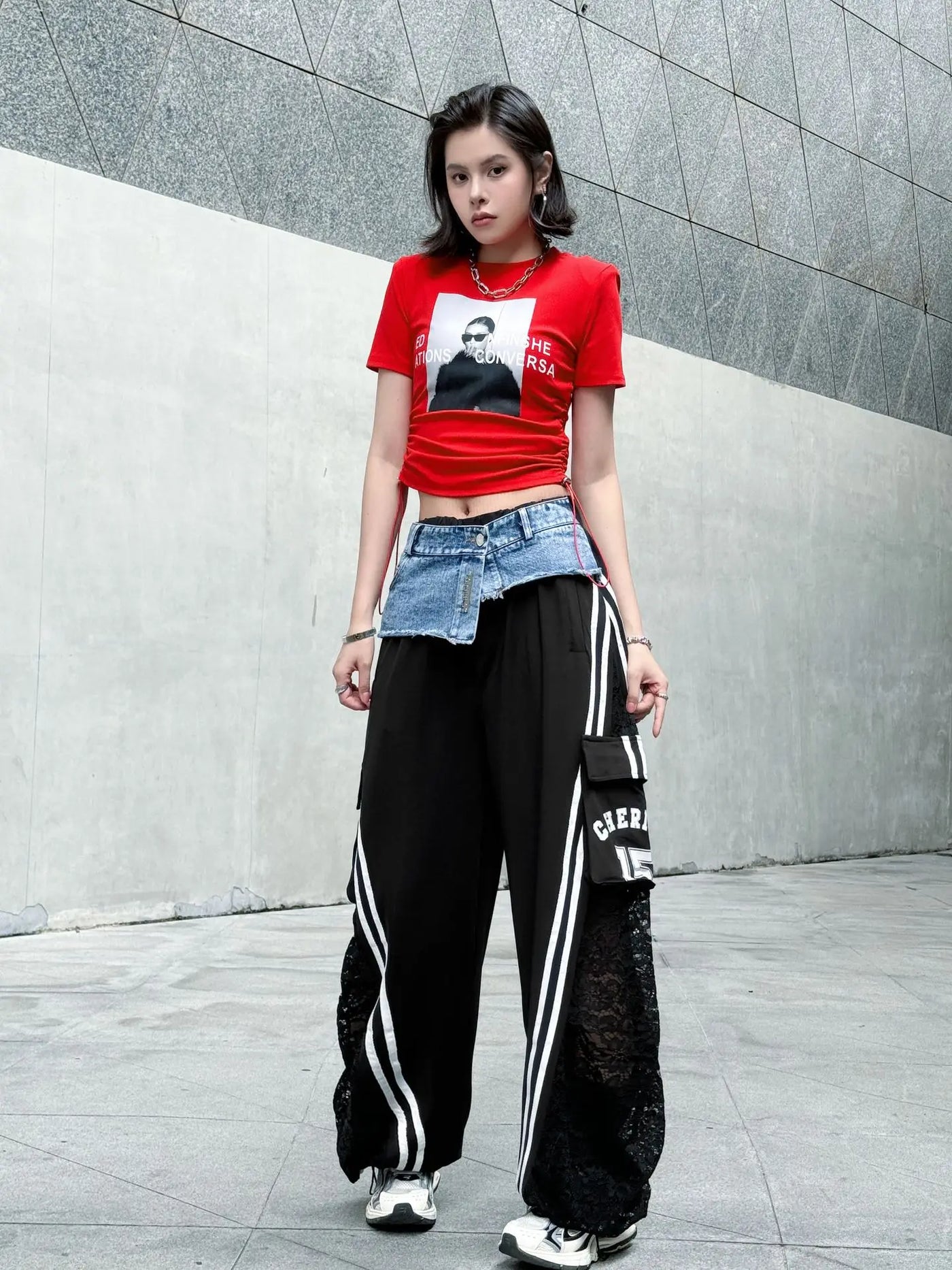 Wide Leg Pants Women Floor Length Patchwork Lace Denim Stripe Print High Waist Multiple Pockets 2025 Streetwear Cargo Trousers