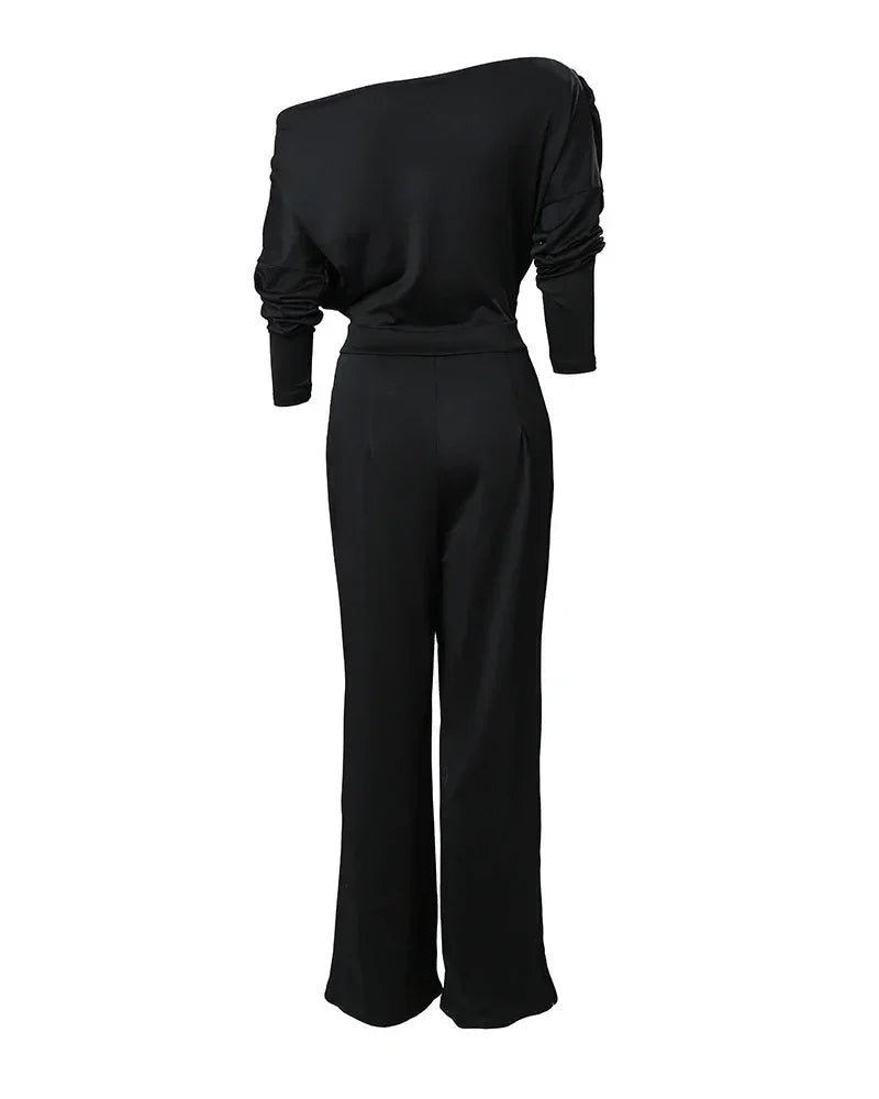 Jumpsuits for Women 2025 Elegant New Fashion Plain Elegant Office Lady Loose Ruched Cold Shoulder Split Hem Wide Leg Jumpsuit