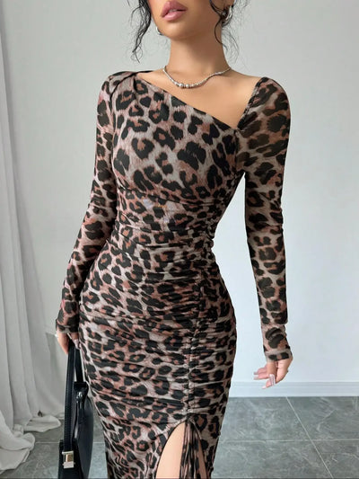 Sexy Leopard Print Women's Dresses Fashion Ruffled Sexy Slit Party Dress For Women Spring Summer  Bodycon Package hip Vestidos