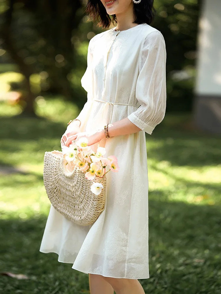 Designer Summer Dress Women O-Neck Silk Half Sleeve High Waist Elegant Party Dress White
